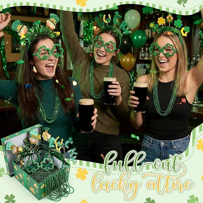 3 Set St Patricks Day Accessories Party Favor Set, Shamrock Glitter Glasses Green Beaded Necklaces Headbands, St Patricks Day Photo Props Irish Costume Accessories for Irish Party Supply