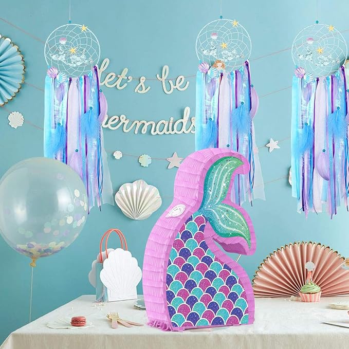 Hooqict Mermaid Tail Pinata with Pinata Stick & Blindfold for Girls Mermaid Party Games Decorations Under the Sea Ocean Themed Birthday Party Supplies