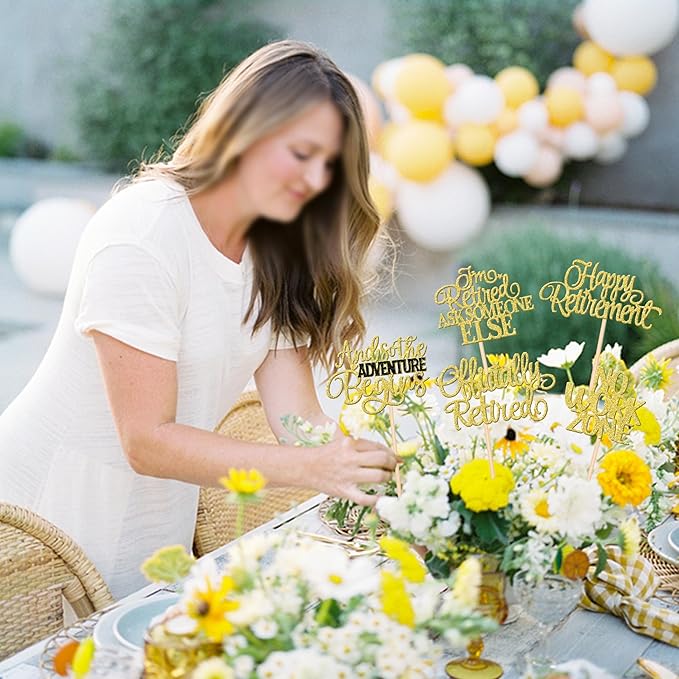 15 PCS Happy Retirement Centerpiece Sticks Officially Retired Table Flower Centerpieces Sticks No Work Zone Adventure Begins Floral Decorations for Retirement Birthday Party Centerpieces Gold