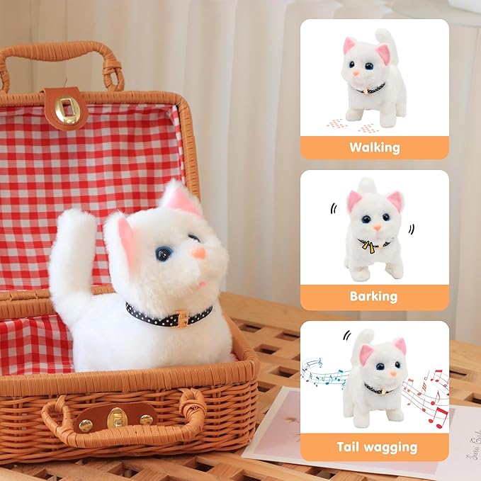 Easfan Walking Kitty Plush Toy Electric Interactive Cat Stuffed Animal Meowing Tail Wagging Head Nodding Cat Pet Toy Animated Kitten Birthday for Kids Toddlers,7.5’’ (White)