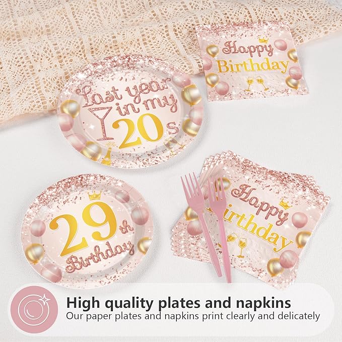 96Pcs 29th Birthday Party Decorations for Women Rose Gold 29th Birthday Plates and Napkins Last Year In My 20s Decorations for Women Lady Her Cheers to 29 Years & 29 Fabulous Party Supplies Serves 24
