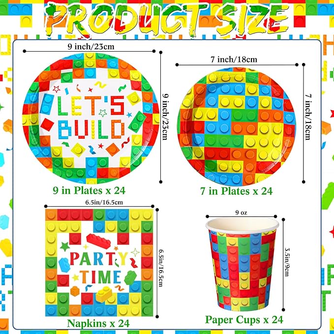 Gejoy 171 Pcs Building Block Birthday Party Supplies Tableware Kit Include Plates Cups Knives Forks Spoons Napkins Tablecloths Banner for Girls Birthday Party Decoration Serve 24 Guest (Classic Color)