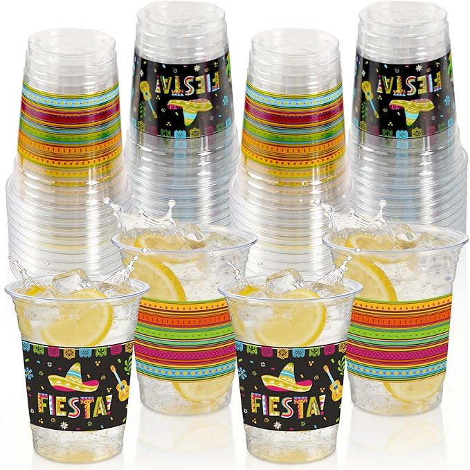 Cinco De Mayo Decorations Plastic Cups - 50pcs 12 Oz Plastic Clear Mexican Cups Disposable Drinking Cups For Fiesta Mexican Taco Bar Birthday Party Supplies Decorations