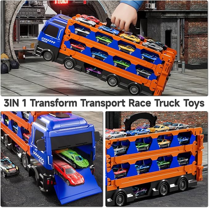 kids Catapult Railcar Toys : Toy Truck for 3 4 5 6 Years Old Kids Boys | 78-Inch Race Track Transport Vehicle & 12 Die-Cast Metal Toy Cars | Toddler Truck Car Toys Set Gifts for Age 3-12 Years Old Kid