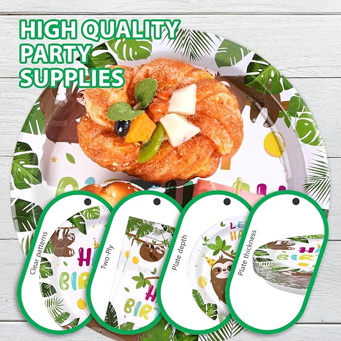 96Pcs Sloth Birthday Party Supplies Hanging Sloth Plates and Napkins Jungle Cute Animal Theme Tableware Set for Kids Girls Boys Animal Theme Birthday Party Supplies，Serves 24