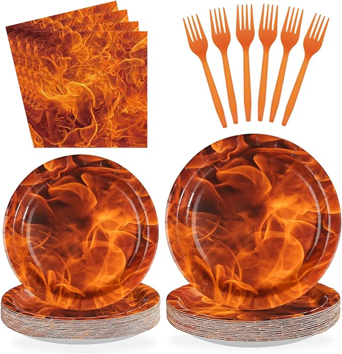 96Pcs Fire Party Decorations Fire Flame Plates and Napkins Fireman Themed Tableware Set for Firefighter Birthday Bonfire Firetruck Theme supplies Party Supplies Serves 24