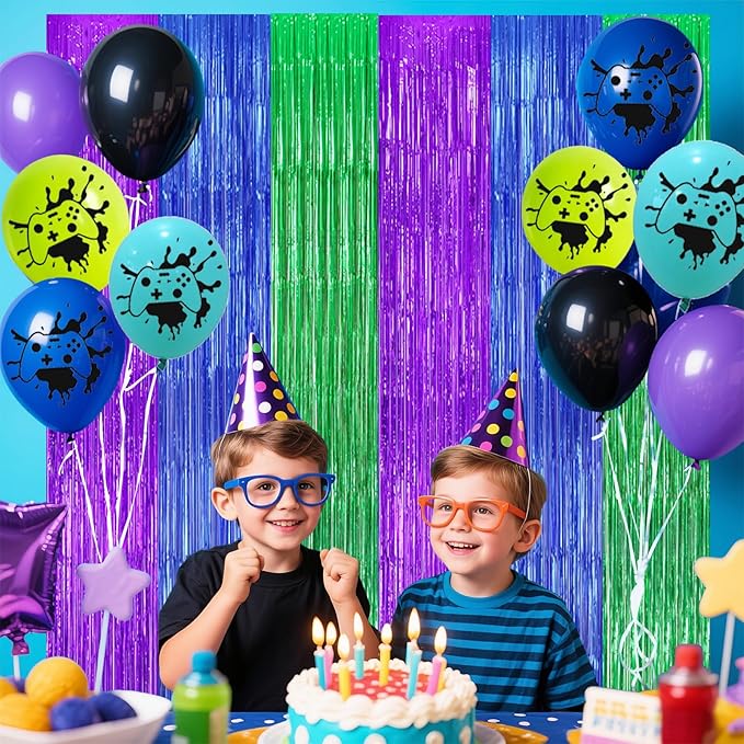 22pcs Video Game Birthday Decorations, Purple Blue Green 3.3x8.2ft Tinsel Foil Fringe Curtains Banners and Multicolour Balloons for Cartoon Gaming Theme Party Decorations Boys and Kids Party Supplies