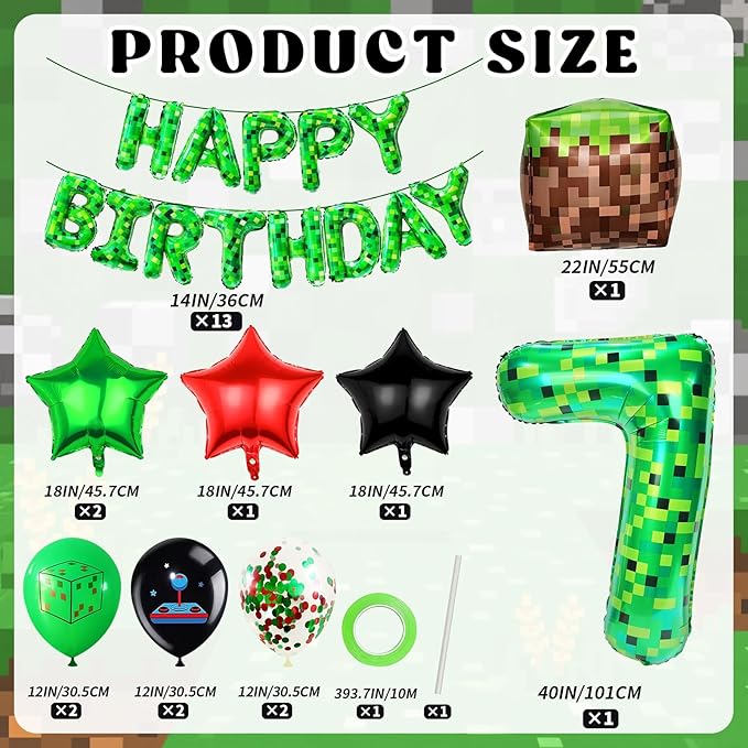 40in Pixel Number 7 Balloon Birthday Decorations, Miner Theme Foil Balloons banner Blast Gaming Party Supplies