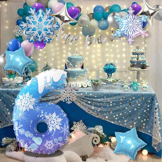 40 Inch Frozen Balloons number 6 Birthday Balloon,2 Giant snowflake foil balloons, 2 blue and silver star foil balloons Frozen Theme Party Supplies Winter Party Decoration For Girl's Birthday