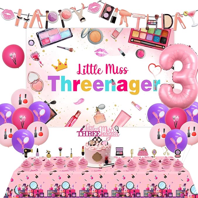 Little Miss Threenager 3rd Birthday Decorations Makeup Party Supplies for Girls 3rd Birthday Little Miss Threenager Banner Backdrop Tablecloth Makeup Cake Toppers for Spa Salon Bday