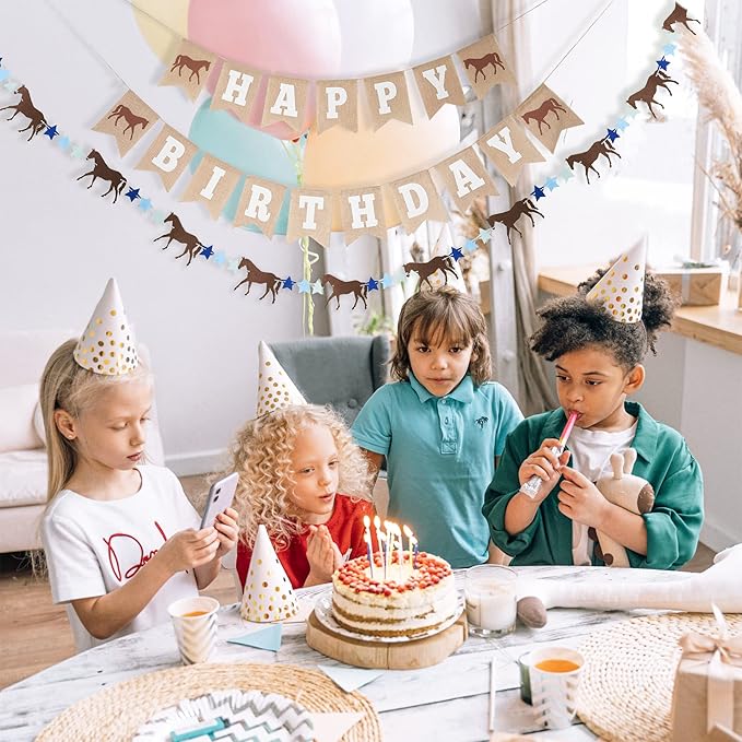 Horse Birthday Decorations – Happy Birthday Burlap Banner – Felt Horse Garland and Pennant Banner – Western Party Decorations - Horse Party Supplies