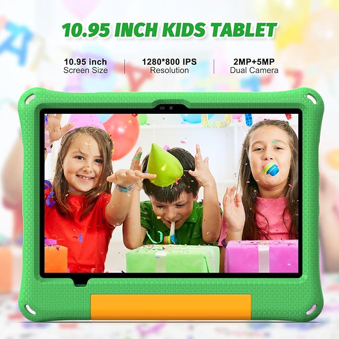 Kids Tablet 11 Inch, Android Tablet with 2 Years Protection, 12GB+128GB, 8000mAh, with EVA Case, Parental Control, Pre-installed Educational APP, WiFi 6, Dual Camera, Quad Speakers, Green