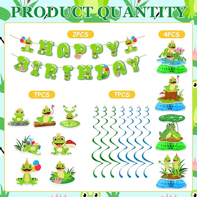 Frog Birthday Decorations Include Frog Happy Birthday Banners Hanging Swirls Honeycomb Centerpieces Princess Prince Frog Theme Party Supplies