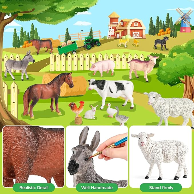 Farm Animal Toys for Toddlers,23 PCS Animal Toys with Realistic Animal Figurines,Tractor Toy and Fence,Farm Playset Educational Learning Toys for Toddlers Kids 3-5