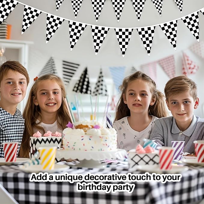 98 Feet Black and White Checkered Flag Banner - Checkered Pennant Banner Racing Flag for Nascar Race Car Themed Birthday Party Decorations Supplies