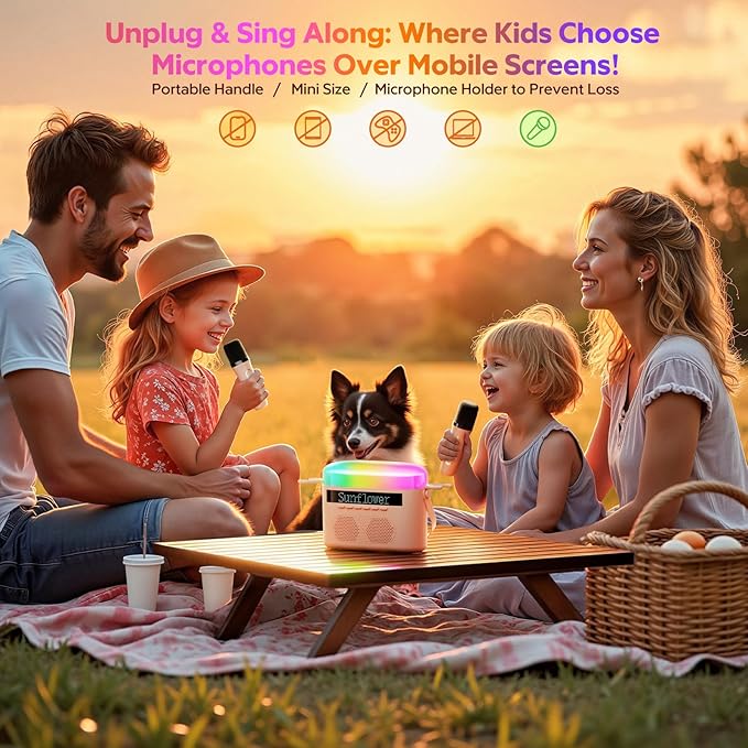 2025 New Mini Karaoke Machine for Kids & Adults, 2 Wireless Mics, LED Colortul Lights, Portable Outdoor Bluetooth Speaker - Pink