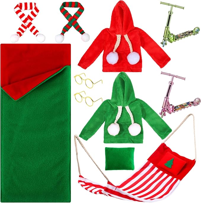 Kacctyen 11 Pcs Christmas Accessories Christmas Doll Clothes Sets Include Scooter Sleeping Bag Hoodie Scarf Glasses Pillow Shoes Scarf for Doll Decor