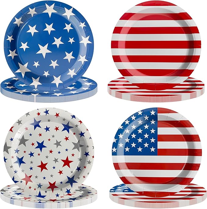 48Pcs 4th of July Plates, 4th of July Decorations American Flag Patriotic Party Supplies Disposable Paper Plates for Memorial Day Veterans Day Independence Day Party Decorations