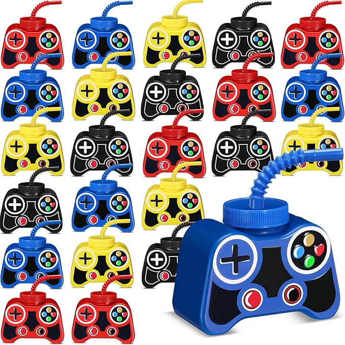 Mifoci 24 Pcs Plastic Video Game Party Cups with Straw and Lid 10oz Gamer Birthday Themed Drink Cups 7th Video Game Party Favors for Kids Toddlers Gamer Birthday Supplies (Classic Color)