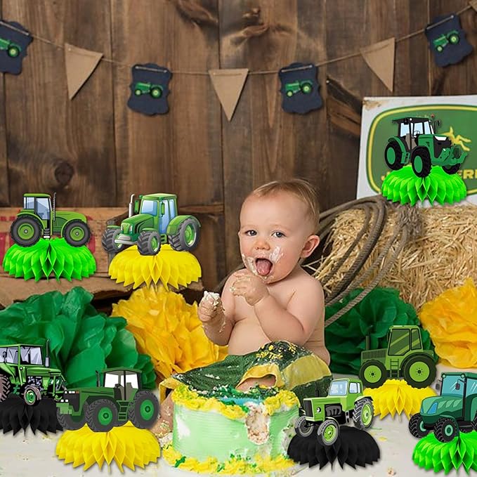 8 Pcs Farm Green Tractor Party Decoration, Farm Tractor Theme Honeycomb Centerpieces 3D Double Sided Table Decorations, Photo Booth Props for Kids Boys Girls Birthday Party Supplies