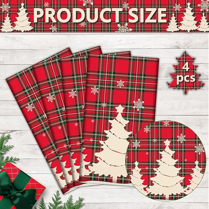 4 Pack Christmas Table Cloth Christmas Checkered Tablecloth Buffalo Plaid Table Cloth Christmas Party Table Cover Xmas Party Decoration with Christmas Tree and Snowflake 51 X 86 in