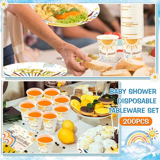 Hushee 200 Pcs Here Comes The Son Baby Shower Paper Plates Napkins Cups Baby Shower Party Supplies Boho Theme Sun Tableware Set Disposable Cup Napkin for 50 Guest Party Decoration