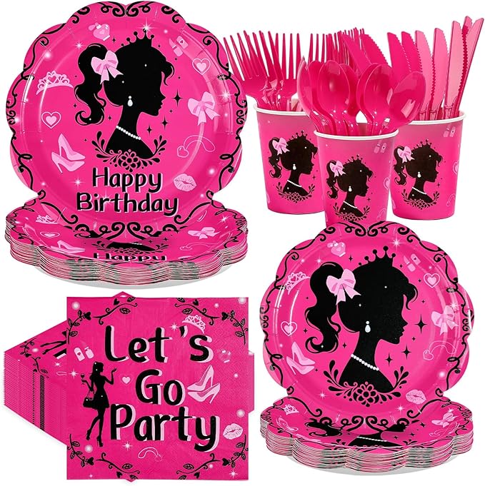168Pcs Hot Pink Birthday Party Supplies Set Black Fashion Girl Plates and Napkins Cute Princess Decorations Tableware Set for Birthday Disco Party Supplies，Serves 24