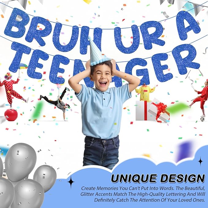 Fulmoon Pre Strung Bruh Ur a Teenager Glitter Banner 13th Birthday Banner Decorations for 13 Year Old Teen Birthday Party Favors Supplies for Boy Girl(Navy Blue)