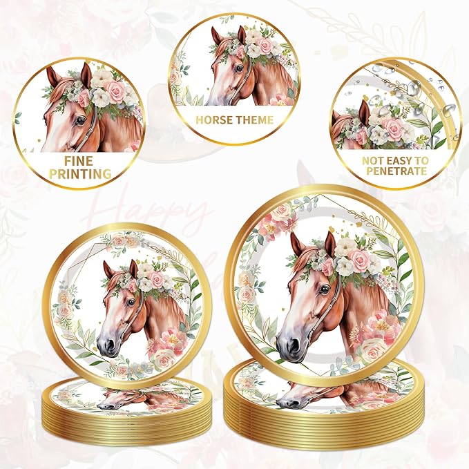 Horse Birthday Party Supplies Tableware - 96 Pcs Golden Horse Themed Plates and Napkins Sets with Forks, Cowgirl Birthday Party Decorations, Western Baby Shower Disposable Dinnerware, Serves 24