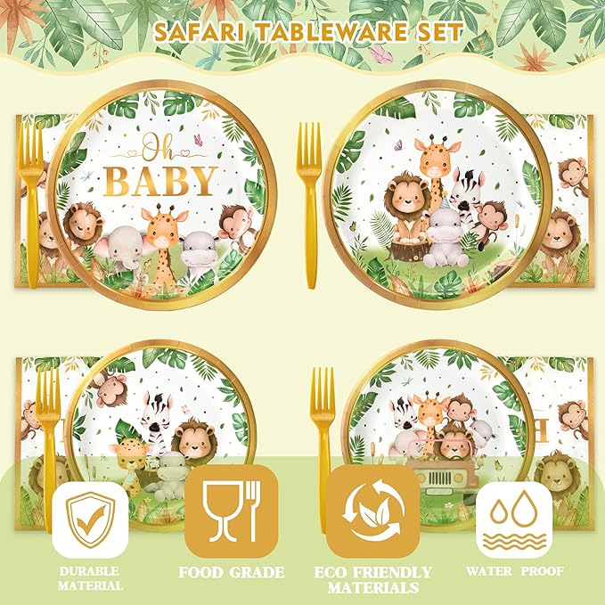 96 Pcs Safari Baby Shower Plates and Napkins Tableware Set (Serves 24), Plates Napkins and Forks Sets, Party Supplies, Jungle Safari Baby Shower Decorations