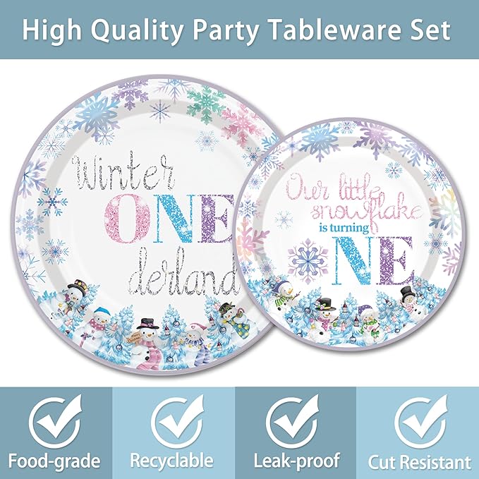 96PCS Winter Onederland Plates and Napkins Party Supplies Winter Onederland 1st Birthday Girl Boy Pink and Silver Snowflake Winter First Birthday Decorations Disposable Tableware Set Serve 24 Guests