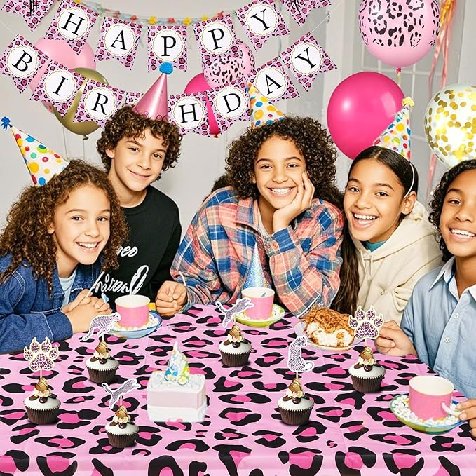Civaner 51 Pieces Pink Cheetah Birthday Decorations Including Cheetah Birthday Banner Theme Balloons Leopard Cake Topper Safari Animal Print Tablecloth and Ribbon for Baby Shower Party Supplies