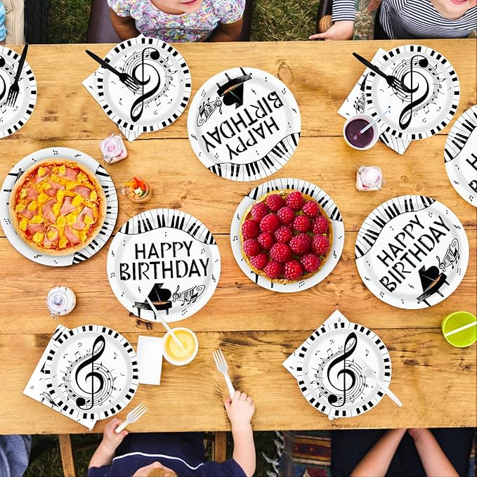 96Pcs Piano Happy Birthday Decoration Piano Music Themed Plates and Napkins Music Notes Keys Piano Disposable Paper Tableware Set for Adults Kids Musicians Birthday Party Supplies Serves 24