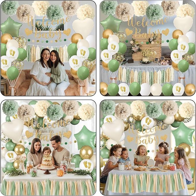 Sage Green Baby Shower Decorations, Welcome Baby Banner Olive Green Gold White Sand Confetti Latex Foil Balloons with Oh Baby Cake Topper Pom Poms Tassels for Boho Neutral Gender Reveal Party Supplies