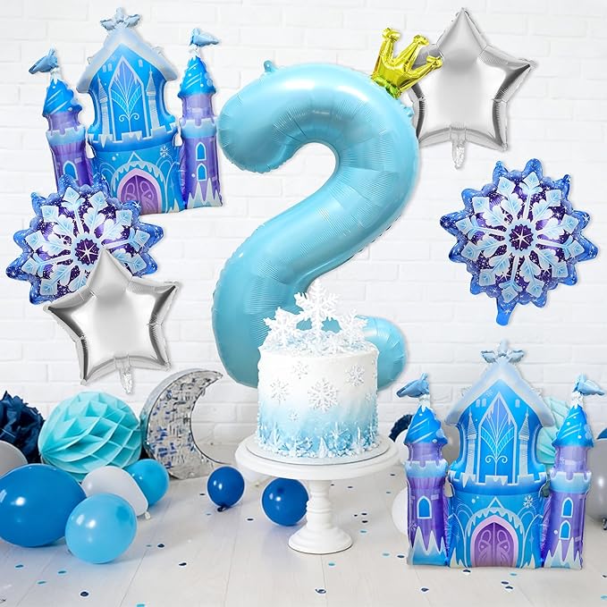 7Pcs 2nd Birthday Party Decorations Balloons,Winter Snowflake Balloons Large Blue 40 Inch Number 2 Balloon Foil Star Castle Ballon for Birthday Party Favor Decor Supplies Winter Wonderland Decoration