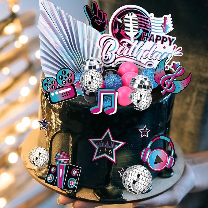 Sinmoe 24 Pcs Music Cake Topper Disco Ball Cake Topper Disco Party Supplies for Musician Rock Theme Birthday Party Musical Video Media cupcake decorations