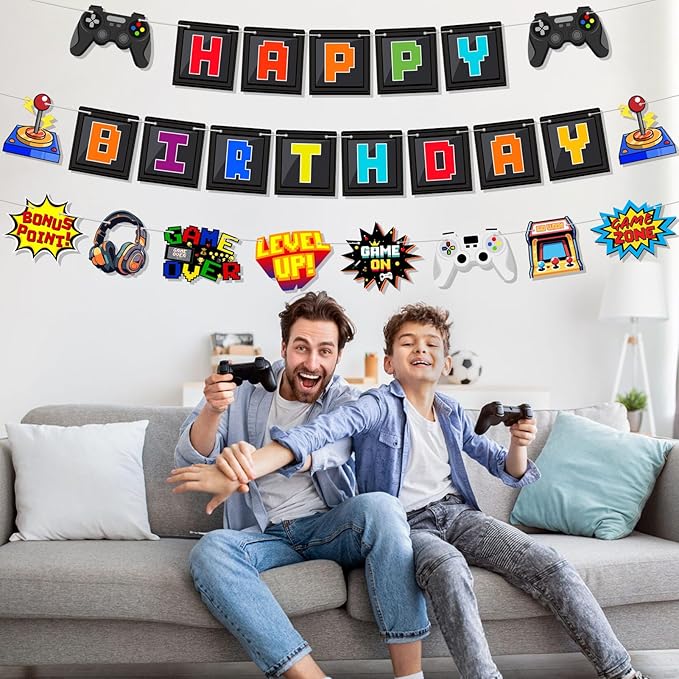 Pre-Strung Video Game Birthday Decorations, NO DIY Gaming Happy Birthday Banner, Game Signs Gamer Themed Party Supplies