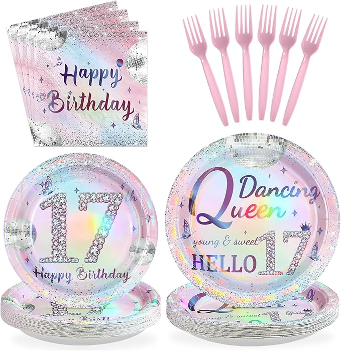 96Pcs 17th Birthday Party Decorations for Girls Dancing Queen Plates and Napkins Iridescence Silver Pink 17th Tableware for Girls Dancing Queen Seventeen Birthday Party Decorations Serve 24