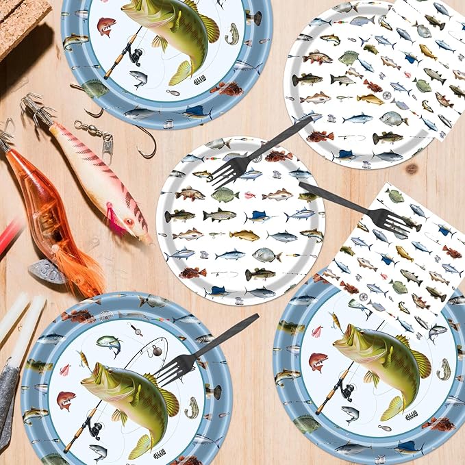 Rakuto Gone Fishing Party Plates, 96PCS Fishing Birthday Party Decorations Supplies, Fish Themed Paper Plates and Napkins Forks Disposable Tableware Supplies(24 Guests)