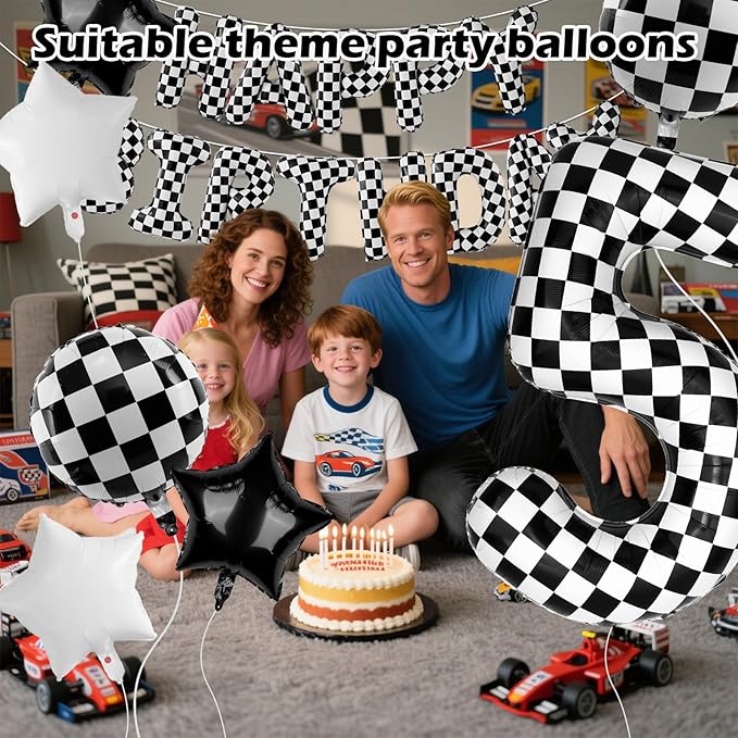Racing Cars Themed Happy Birthday Banner Party Decorations Set Including 40 Inch Number 5 Foil Balloons, Themed Party Essentials, Checkered Backdrop Supplies for Boys Indoor Outdoor Celebration