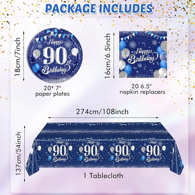 Blue 90th Birthday Decorations for Men Navy Blue Silver Happy 90th Birthday Tableware Set Include Happy 90th Birthday Plates Napkins Tablecloth for 90 Year Old Anniversary 1936 Party Decor Supplies