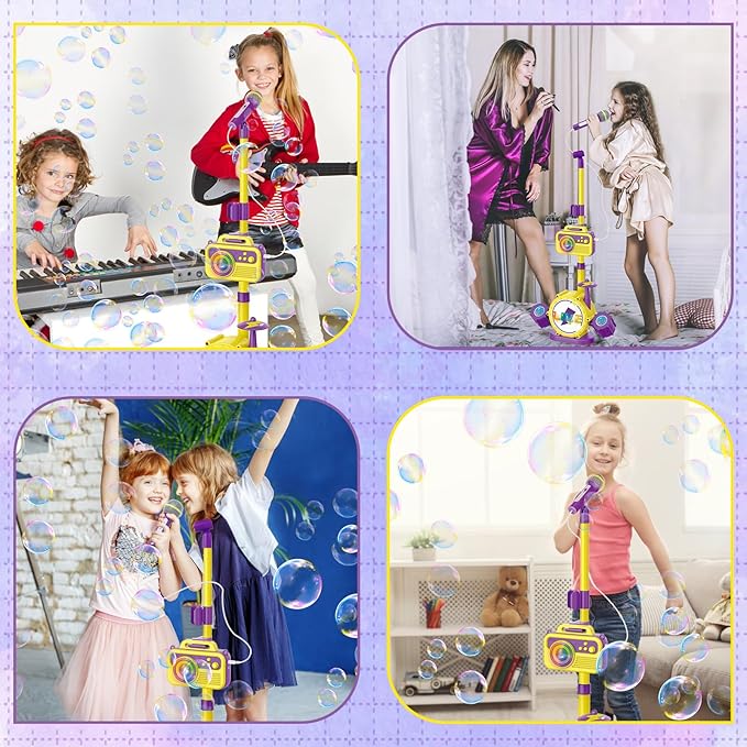 Bluetooth Kids Karaoke Microphone with Adjustable Stand, Karaoke Machine for Kids with Bubble Maker，Vioce Changer, Colorful Lights - Microphones for Singing Christmas, Birthday Gifts for Girls, Boys