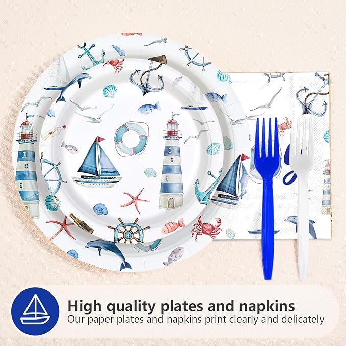 Grencian 96 Pcs Boy Nautical Party Decorations Oh It's A Boy Plates and Napkins Disposable Blue White Tableware Sets for Boys Baby Shower Baby Gender Reveal Birthday Sailing Party Supplies Serves 24
