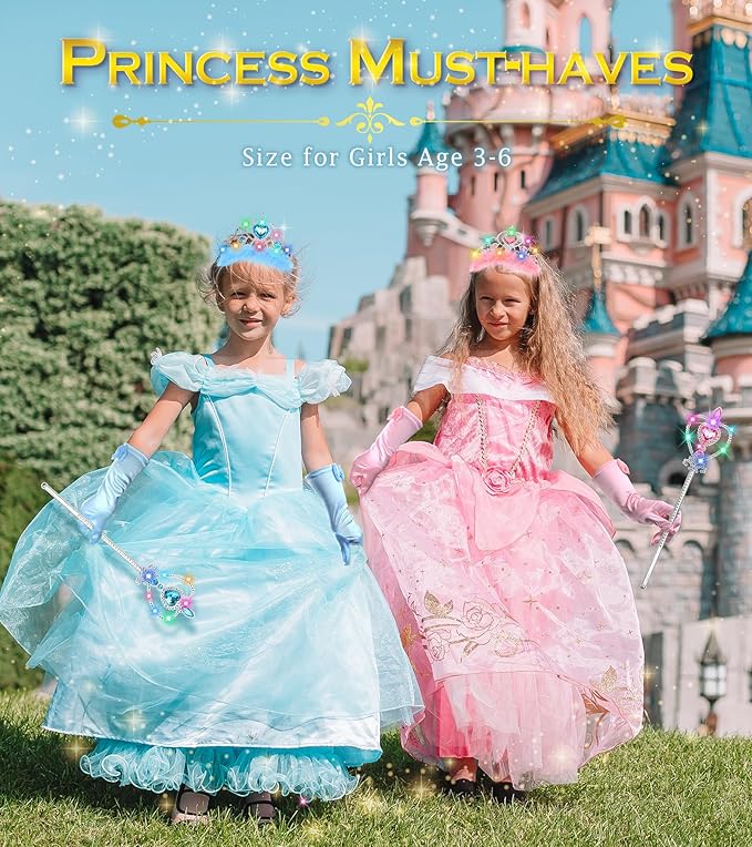 Princess Crown Tiara for Little Girls Princess Dress Up Accessories, Light Up Tiara Wand Toy Gifts for 3-6 Girl