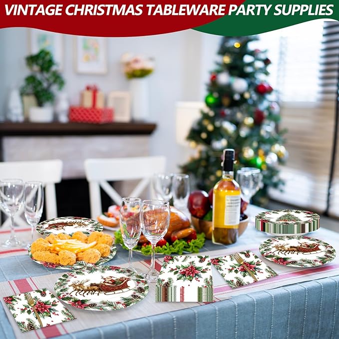 100 Pcs Vintage Christmas Tableware Party Supplies, Serves 25, Disposable Retro Santa Sleigh and Tree Paper Plates, Napkins, and Forks, Holiday Dinner, Winter Wonderland, Xmas Party Decorations