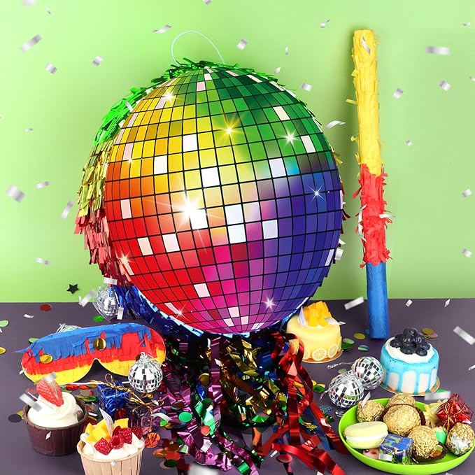 Colorful Disco Ball Pinata with Stick and Blindfold 80s 90s Theme Party Decorations Disco Pinata for Birthday Weddings Roller Skating Party Supplies