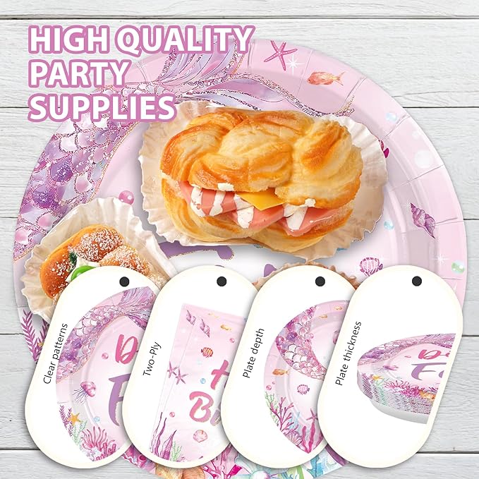 96Pcs Mermaid 5th Birthday Party Supplies Dive Into Five Party Plates and Napkins Disposable Mermaid Ocean Sea Animal Tableware Set for Girls 5 Year Old Birthday Decorations, Serves 24