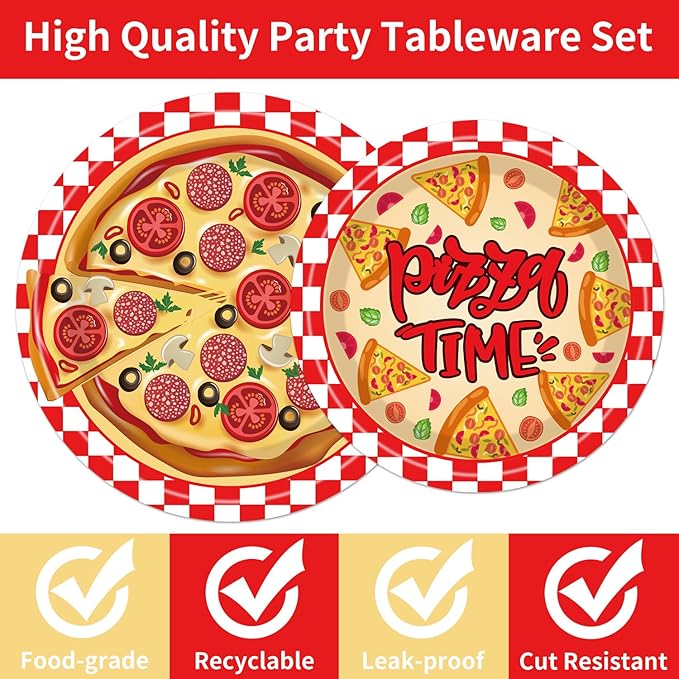 Pizza Plates and Napkins Party Supplies - 96PCS Pizza Birthday Party Decorations Pizza Time Pizza Themed Disposable Tableware Set Serves 24 Guests