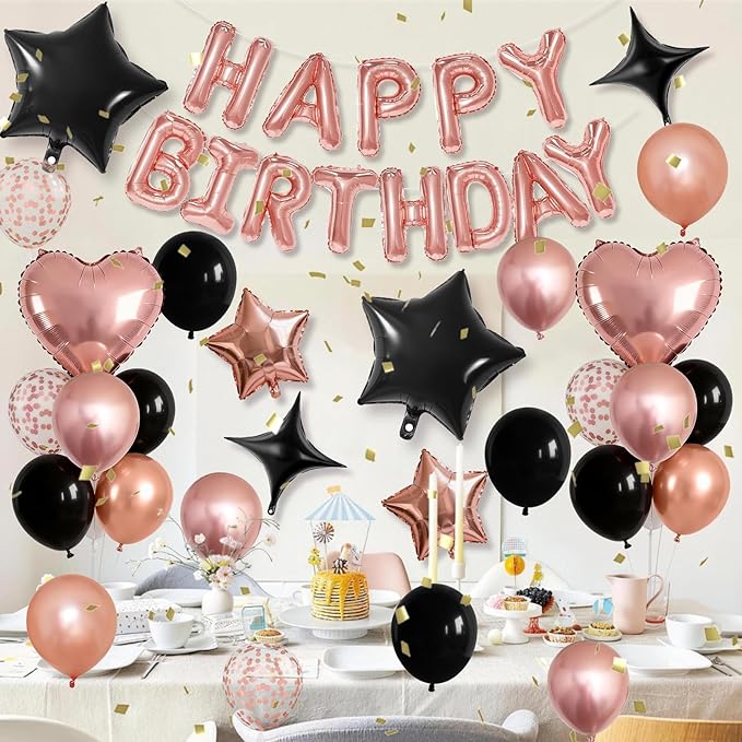 Rose Gold and Black Birthday Decorations for Women Black Pearl Rose Gold Metallic Party Balloons Confetti Balloon Happy Birthday Banner Heart Balloons 18/10 Inch Star Balloon for Bday Party Supplies