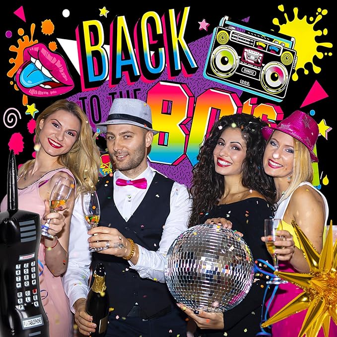 80s Party Decorations, 80s 90s Theme Birthday Party Supplies Includes Inflatable Radio Boombox & Mobile Phone, Back To The 80's Backdrop, Tablecloth, Plates, Napkins, Hip-Hop Cake Toppers